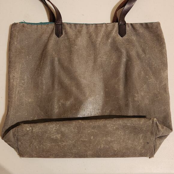 Atomic Freedom Distressed Leather & Canvas Grey Tote Bag Green Lining Grunge - Picture 5 of 11